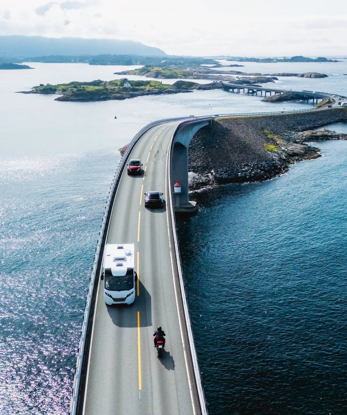 Flygbild av en husbil på en kustväg över havet i Norge